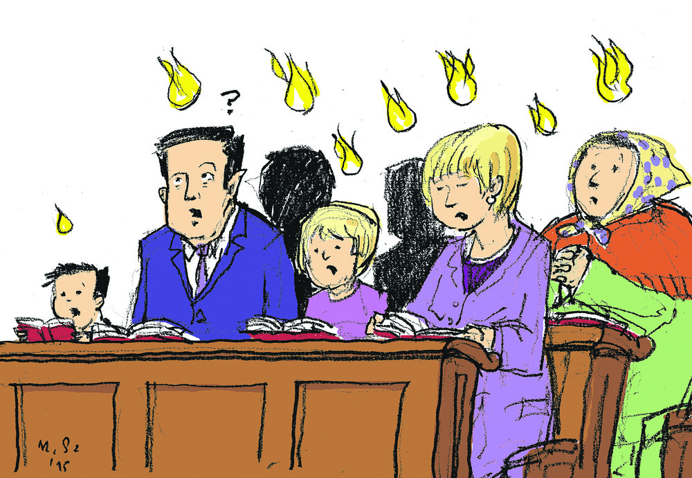 Cartoon - die Gemeinde singt die Pfingssequenz.