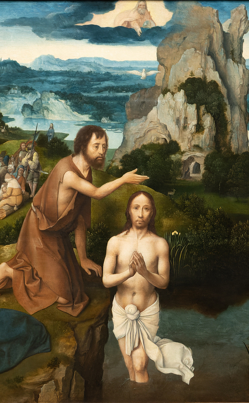 Christus lässt sich durch Johannes taufen und wird durch Gott als sein geliebter Sohn offenbart. Gemälde von Joachim Patinier (1485-1524).